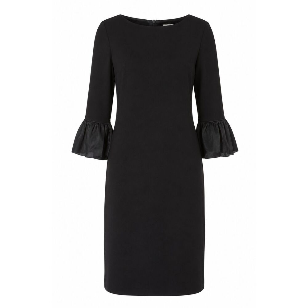 Donna Morgan Pleated Bell Sleeve Dress 12 Black Sheath Sheer Organza Cuff LBD